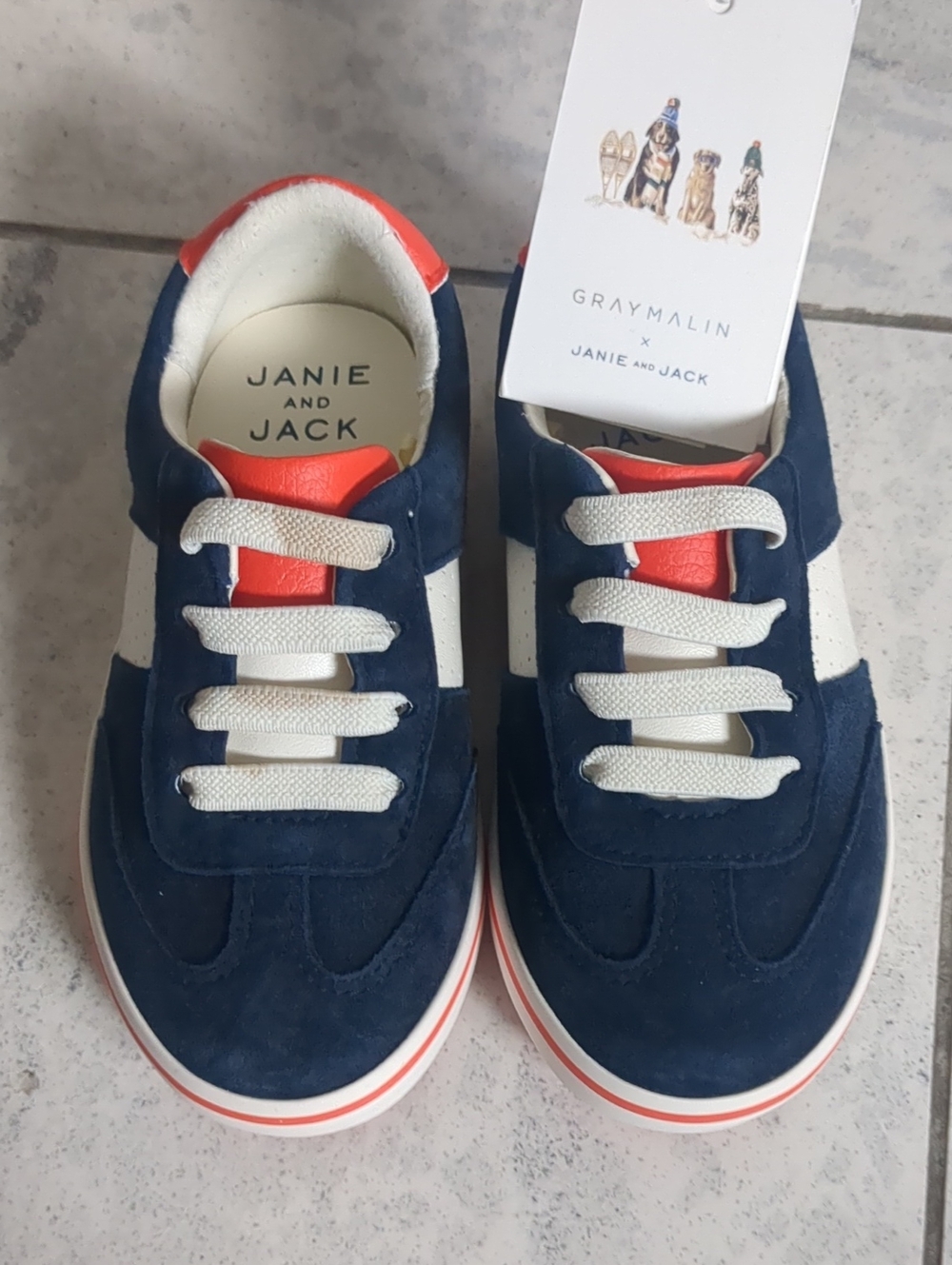 Janie and Jack Navy Suede Sneakers with White & Coral Details